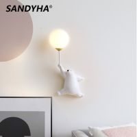 SANDYHA Modern Night Moon Wall Light Cartoon Bear Childrens Room Interior Home Decor Bedroom Bedside Minimalist Lamp Fixtures