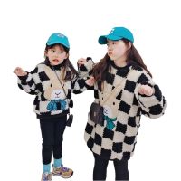 Family Grid Sweater 2021 Autumn Winter Mother Kids Plus Velvet Thickening Warm Clothes Top Family Christmas Matching Outfits