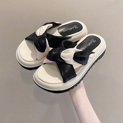 【July】 color-blocking thick-soled slippers womens summer outerwear 2023 new fashion foreign style cross stepping shit feeling non-slip sandals