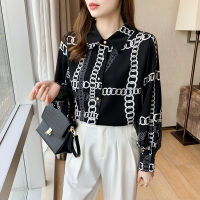 Lapel Print Long Sleeve Chiffon Shirt for Women 2021 Autumn New Fashion Loose Figure Flattering Graceful Tops Fashion