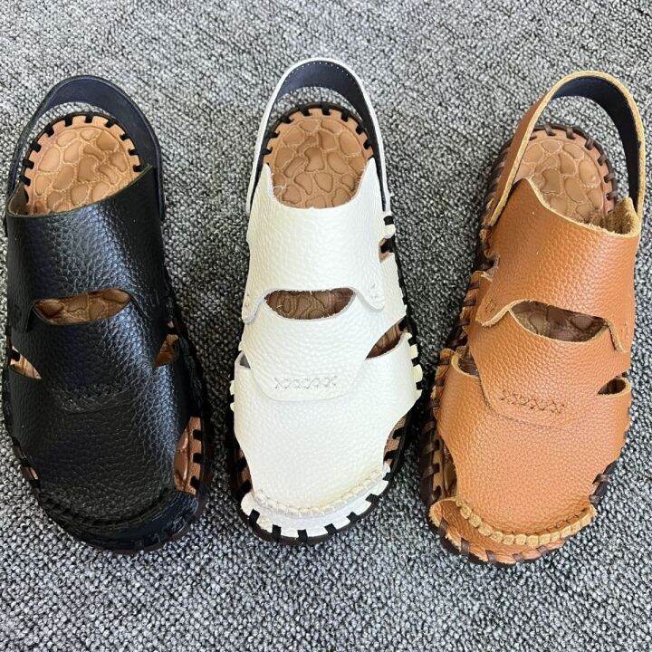 top-layer-cowhide-mens-summer-leather-sandals-new-slippers-breathable-soft-bottom-driving-shoes-beach-hand-sewn