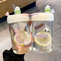 ☾ↂ▧ Glass water cup girls high-value summer simple high temperature resistant portable straw milk tea cup transparent handy cup