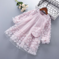 3-7 Years High Quality Spring Girl Dress 2021 New Chiffon Flower Ruched Kid Children Clothing Girl Princess Dress with bags