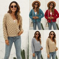 [COD] European and cross-border autumn winter new wool knitted cardigan women solid feather button V-neck sweater