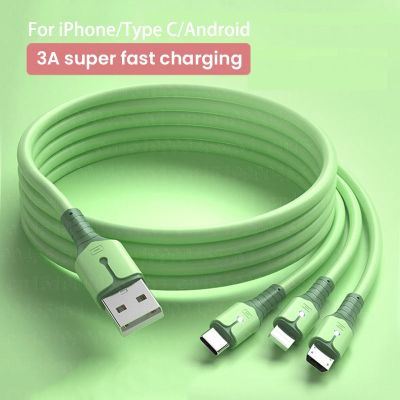 3A 3in1 USB Cable For iPhone 13 Pro Max Liquid Silicone Phone Charging Data Cord USB C Cabl For Samsung Huawei Xiaomi 0.5/1/1.5m Cables  Converters