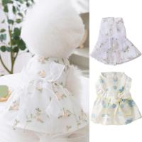 Pet Dress Flower Print Lace Bow-knot Faux Pearl Decor Two Legs Loose Hem Dress Small Medium Dogs Cats Summer Pet Apparel Dresses