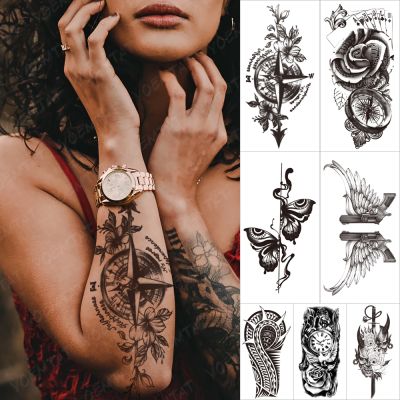【YF】 Waterproof Temporary Tattoo Stickers Compass Rose Flower Butterfly Gun Flash Tatto Women Men Body Art Arm Fake Sleeve Tattoos