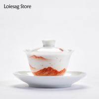 Loiesag ภาพวาดมือบนภูเขาน้ำ Gaiwan จานเครื่องเคลือบสูงถ้วยน้ำชาสูง Sancai Tureen ถ้วยชาทารกในครรภ์เดียวบางชุดชาถ้วยชา