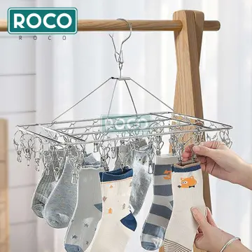 ROCO Stainless Steel Curved Windproof Hanger Clothes Laundry Socks Drying  Drip Hanger With Clips