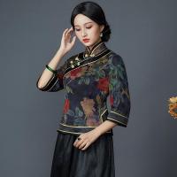 【CW】2023 Chinese style tang suit vintage cheongsam top floral printing satin shirt oriental r top women elegant loose blouse pd