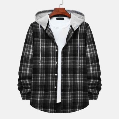 ZZOOI Mens Plaid Hooded Checked Shirt Classic Casual Loose Long Sleeve Blouse Tops Men Chemise Homme Social Shirt Jacket Clothes 2023