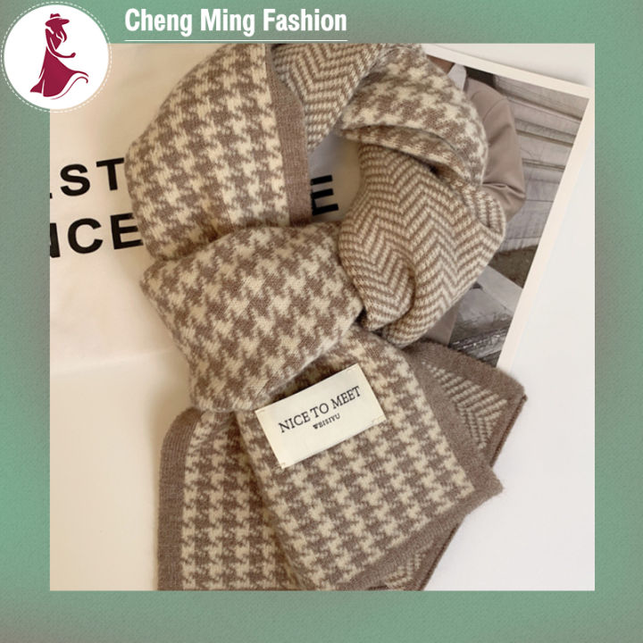 cheng-ming-ผ้าพันคอลายฮาวส์ทูธแบบเรียบง่ายสำหรับผู้หญิง-ผ้าพันคอแฟชั่นผ้าพันคอเสื้อถักไหมพรมคลาสสิกผ้าพันคอสำหรับนักเรียนคู่