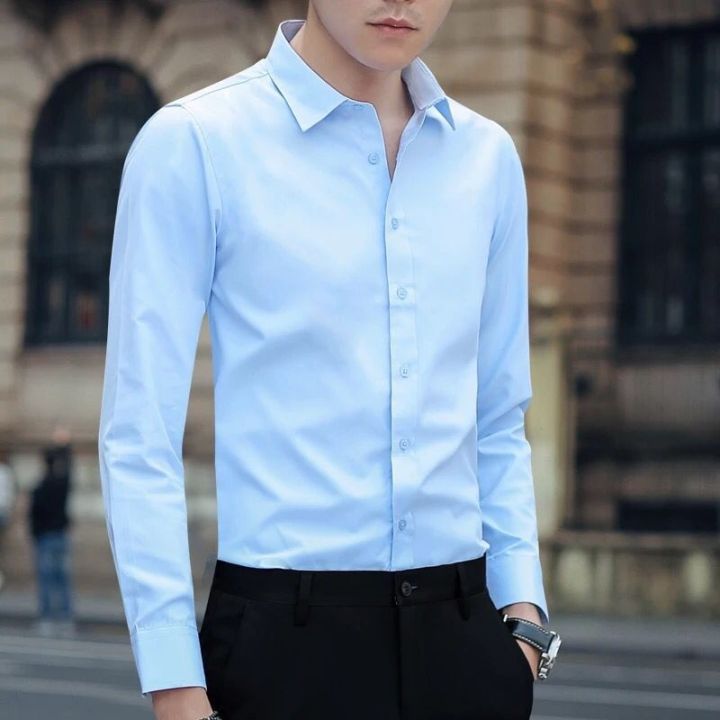 ชุดเดรสผู้ชายธุรกิจสีขาวแขนยาวสำหรับผู้ชาย-เสื้อผ้าสีดำสำหรับใส่ออกงานปกสไตล์เกาหลี
