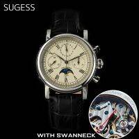 Sugess Men Watch ST1908 Movement Mechanical Chronograph Watch Genuine Moonphase Calendar Vintage Leather NEW