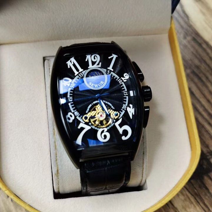 นาฬิกากลไกอัตโนมัติหรูหราสำหรับผู้ชายนาฬิกาข้อมือนาฬิกาตูร์บิยองโครงกระดูกนาฬิกาข้อมือ-tonneau-นาฬิกาข้อมือแบบเท่เรืองแสง