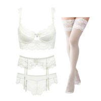 Varsbaby thin cotton push up lace lingerie sexy gather bra set 4 piece bra+panties+garter+stockings underwear set for women
