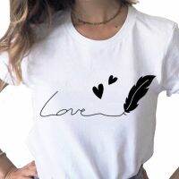 เสื้อยืดผ้าฝ้ายฤดูร้อนใหม่ Feather Love หวานพิมพ์เสื้อยืดสุภาพสตรี Ladie Cal พื้นฐาน O-คอเสื้อสีขาวแขนสั้น Tshirt,drop Ship