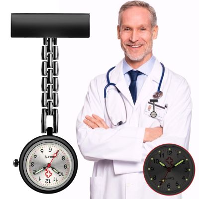 นาฬิกาควอทซ์พยาบาลนาฬิกาขนาดเล็กเข็มกลัดแบบพกพาสีดำนาฬิกาพยาบาลสว่างเป็นจี้ติดหน้าอกรูปตัวที