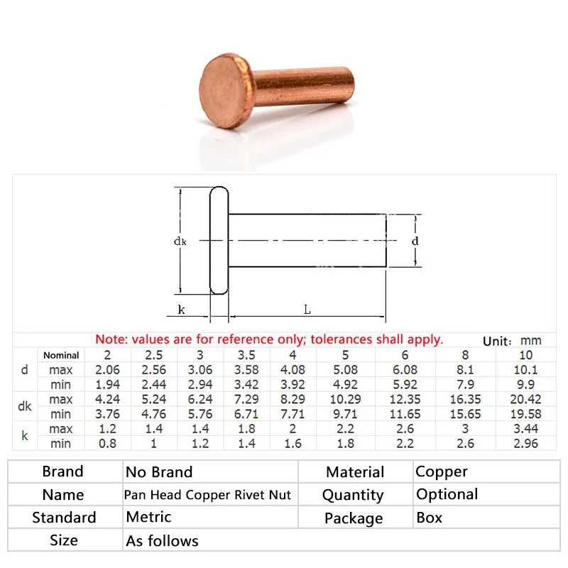 Solid Copper Flat Head Rivet M1.5 M2 M2.5 M3 M4 M5 M6 M8 Copper