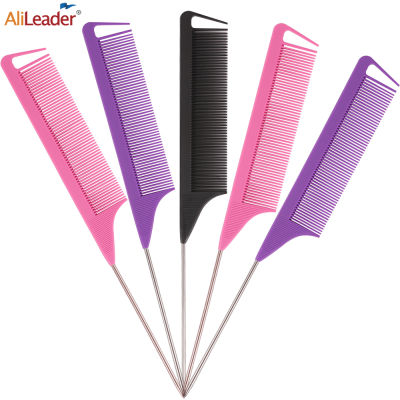 Salon Barber Hair Tail Comb Anti-Static Rat Tail Comb Salon หวีผมโลหะ Detangling Combs สำหรับ Curlyiding จัดแต่งทรงผม ~