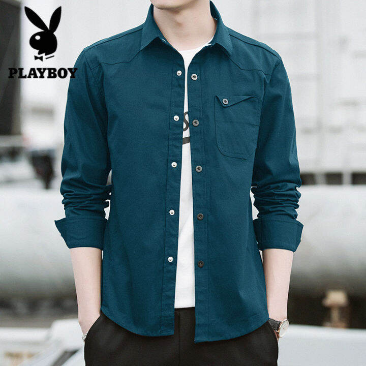 playboy-ฤดูใบไม้ร่วงเสื้อสไตล์ใหม่ผู้ชายแขนยาวผ้าฝ้ายบางพอดีกองทัพทั้งหมดจับคู่เสื้อผู้ชาย