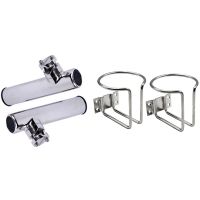 4Pcs Stainless Steel Holder: 2Pcs Boat Clamp on Fishing Rod Holder Rails 7/8 Inch to 1 Inch Tube Ship Rod Frame &amp; 2Pcs Car Boat Ring Cup Drink Holder Bottle Stand