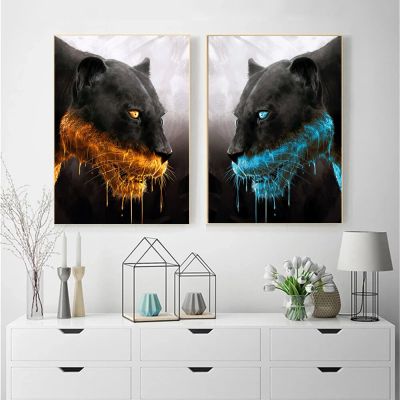 Luxury Gold Blue Panther ภาพวาดผ้าใบ Horse Lion โปสเตอร์และพิมพ์สัตว์สมัยใหม่ Wall Art รูปภาพสำหรับตกแต่งห้องนั่งเล่นคุณภาพสูง Wall Decor