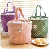 Lunch Bag Handbag Storage Portable Box Tote Pouch Picnic Bags Waterproof Cotton Linen Pink Polka Dot Bento Case