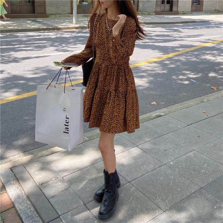 women-v-neck-long-sleeve-dress-slim-waist-floral-mini-dress