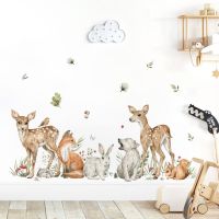 Cartoon Watercolor Forest Animals Deer Plant Wall Sticker Nursery Vinyl Childrens Wall Art Decals for Baby Kids Room Home Decor Stickers