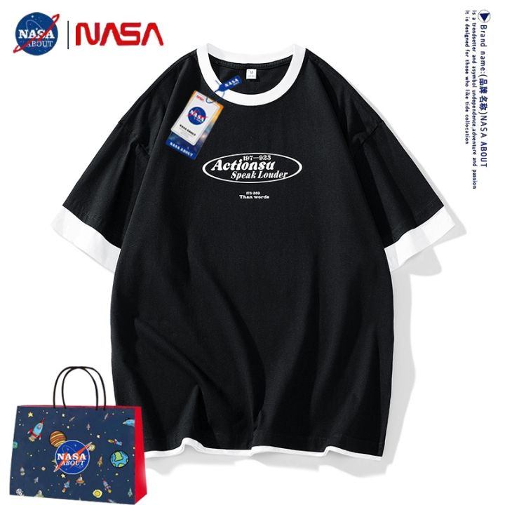 nasa-ร่วมเสื้อยืดผู้ชายฤดูร้อนญี่ปุ่นผ้าฝ้ายหลวมสบาย-ๆ-แขนสั้นเทรนด์แฟชั่นเสื้อคู่ผ้าฝ้ายทุกคู่