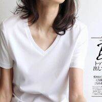 ?-☼♈✚ Quality Xinjiang cotton 80 mercerized short sleeve t-shirt female White V-Neck summer loose pure chicken heart neck ice silk T-shirt