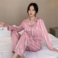❧♤ Spring and Autumn New Fashion Ice Silk Home Clothes Long Sleeve Trousers Pajamas Two piece Suit Pyjamaswomen Sleepwear Set