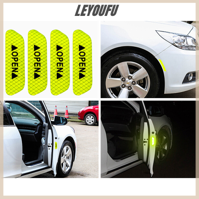 LEYOUFU รูปลอกเตือนความปลอดภัยสำหรับกาวสติ๊กเกอร์สะท้อนแสงเปิดประตูรถสีเขียวเรืองแสง4x