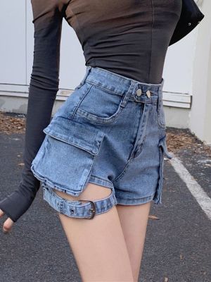 Zoki Sexy Hollow Out Streetwear Denim Shorts Women High Waist Retro Casual Shorts Summer Slim All Match Pockets Denim Shorts