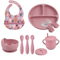 6/8/10PCS/Set Baby Silicone Sucker Bowl Plate Cup Bibs Spoon Fork Sets Children Non-slip Tableware Baby Feeding Dishes BPA Free Bowl Fork Spoon Sets