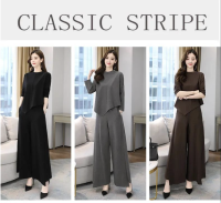 ชุดสูท 2 ชิ้น Classic หรู เสื้อแขนยาว แต่งขอบเฉียง กางเกงยาว ขากระดิ่ง เหมื