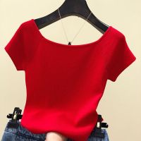 COD DSFERTRETRE Summer Woman Tshirts Basic Black Tops Off Shoulder T-Shirt Knitted Short Sleeve Clothes White Red