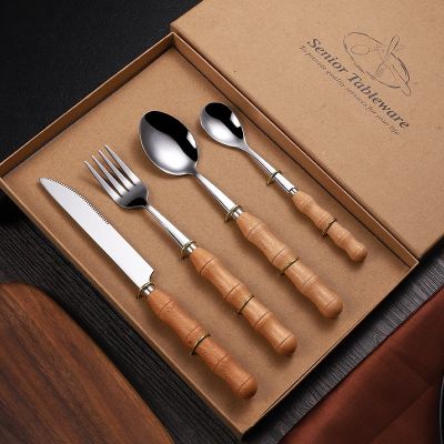 4PCS Stainless Steel Tableware Set Wood Handle Dinnerware Set Fork Spoon Teaspoon Cutlery Set Flatware Sets Cutlery Set