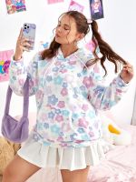 LILAJO Plus Size Women for Sweatshirt - Plus Floral Print Drop Shoulder Drawstring Flannel Hoodie (Color : Multicolor, Size : X-Large)