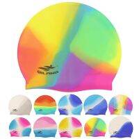 Women Men Ladies Rainbow Colorful Waterproof Silicone Ear Long Hair Protection Swim Pool Swimming Cap Swimwear Hats for Adults