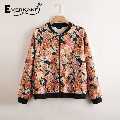 Everkaki Flowers Print Coat Jackets Women Harajuku Y2K Oversized Zipper Ladies Boho Baseball Outerwear er Jacket Female 2021