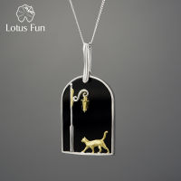 Lotus Fun Natural Black Agate แมวน่ารัก Under The Street โคมไฟจี้สร้อยคอผู้หญิง925เงินสเตอร์ลิงเครื่องประดับ