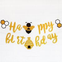 Glitter Gold Bee Happy Birthday Banners Paper Garland Flags Honeybee Themed Birthday Party Decorations Kids Baby Shower Supplies Banners Streamers Con