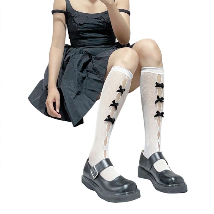 ถุงเท้าน่องแสนถุงเท้าระดับเข่าสำหรับเด็กผู้หญิงแสนหวานแหวววโลลิต้าผูกโบว์ถุงเท้าตาข่าย