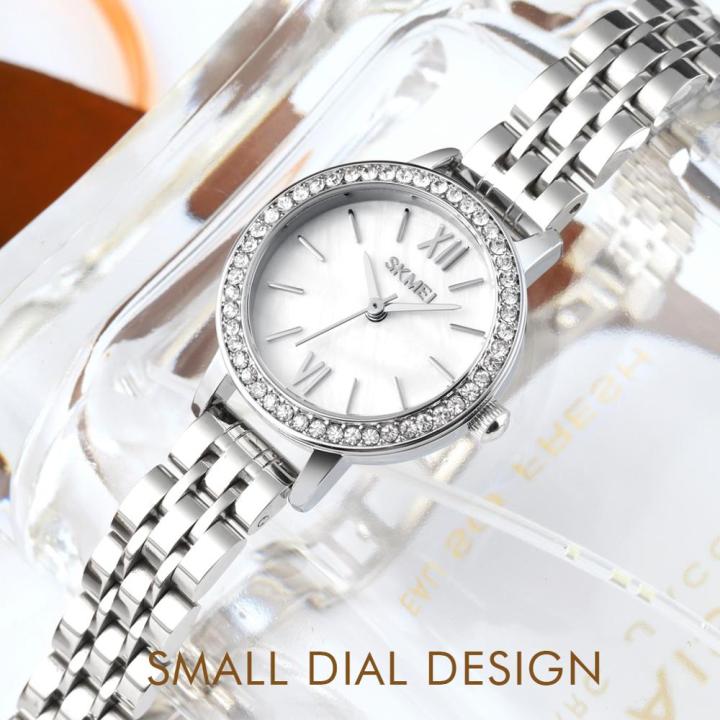 skmei-นาฬิกาของผู้หญิงแฟชั่นผู้หญิงนาฬิกาควอทซ์สบายๆสแตนเลสสายหนังกันน้ำชุดเสื้อผ้าของขวัญนาฬิกา
