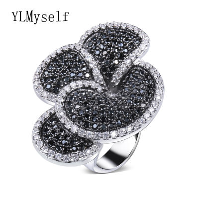 Great Product Flower Big Ring Pave AAA Jet And Clear Cubic Zirconia Stones Large Black &amp; White Party Jewelry