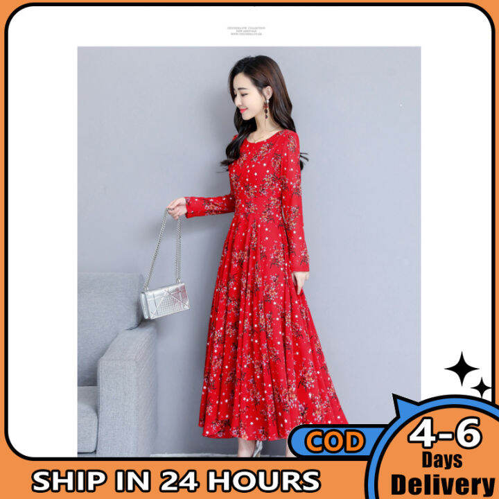 ซื้อ1แถม1ของขวัญฟรี-เสื้อสวมหัวคอกลมกระโปรงทรงเอเอวสูงเดรสแขนยาวผู้หญิงกระโปรงยาวหรูหราลายดอกไม้