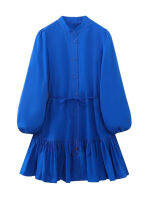 YENKYE ใหม่ผู้หญิงแฟชั่น Royal Blue Ruffled เสื้อชุดแขนยาว Stand Collar กับเข็มขัดหญิงหลวม Mini Dress