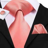 ❁◆ Hi-Tie Men Tie Silk Peach Tie Top Quality Gold Red Blue Pink coral Solid Ties for Men Wedding Party Business Hanky Cufflinks Set